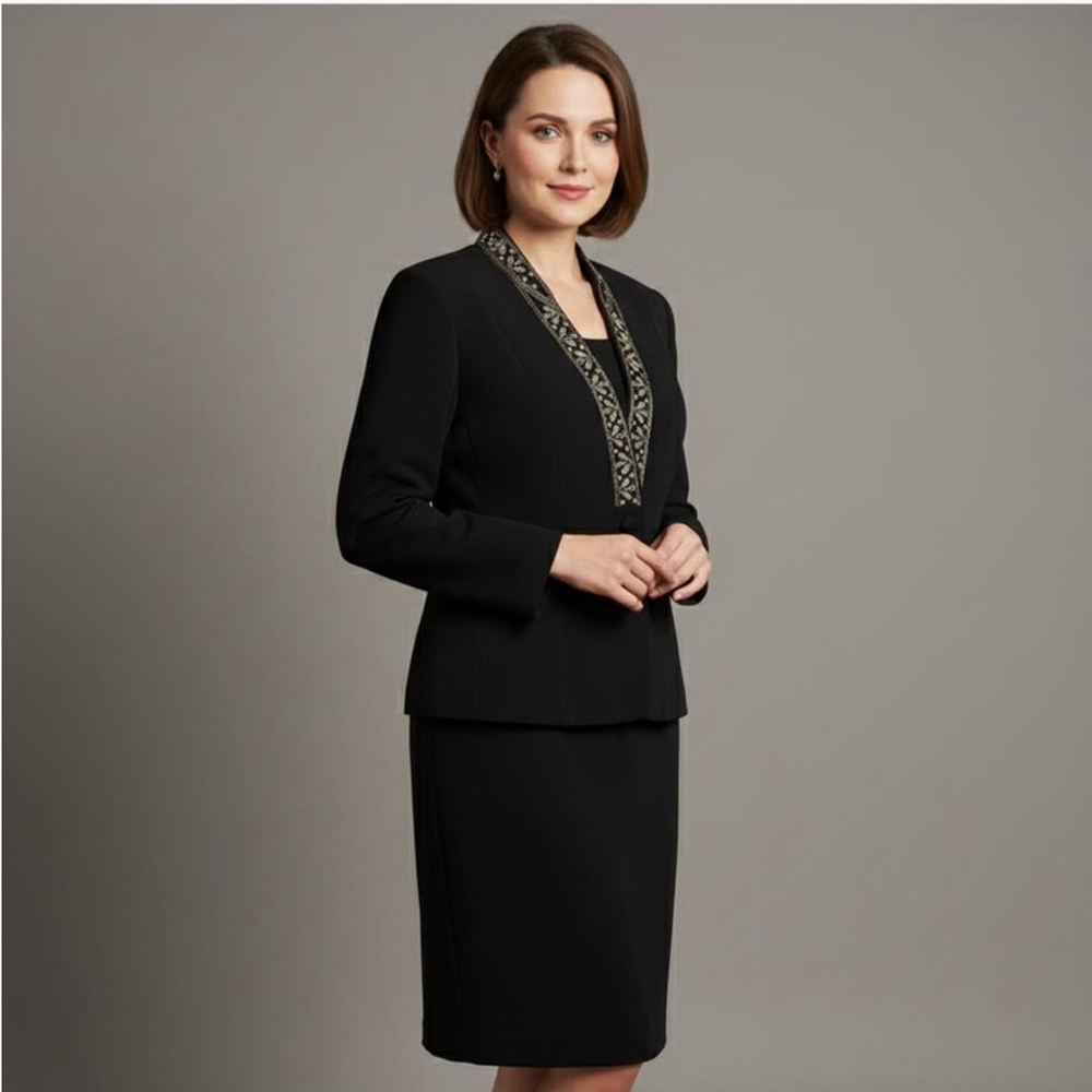 Kasper 3 Piece Long Black Skirt Gold Embroidered Dress Suit Ensemble Vintage 18 - Picture 2 of 15